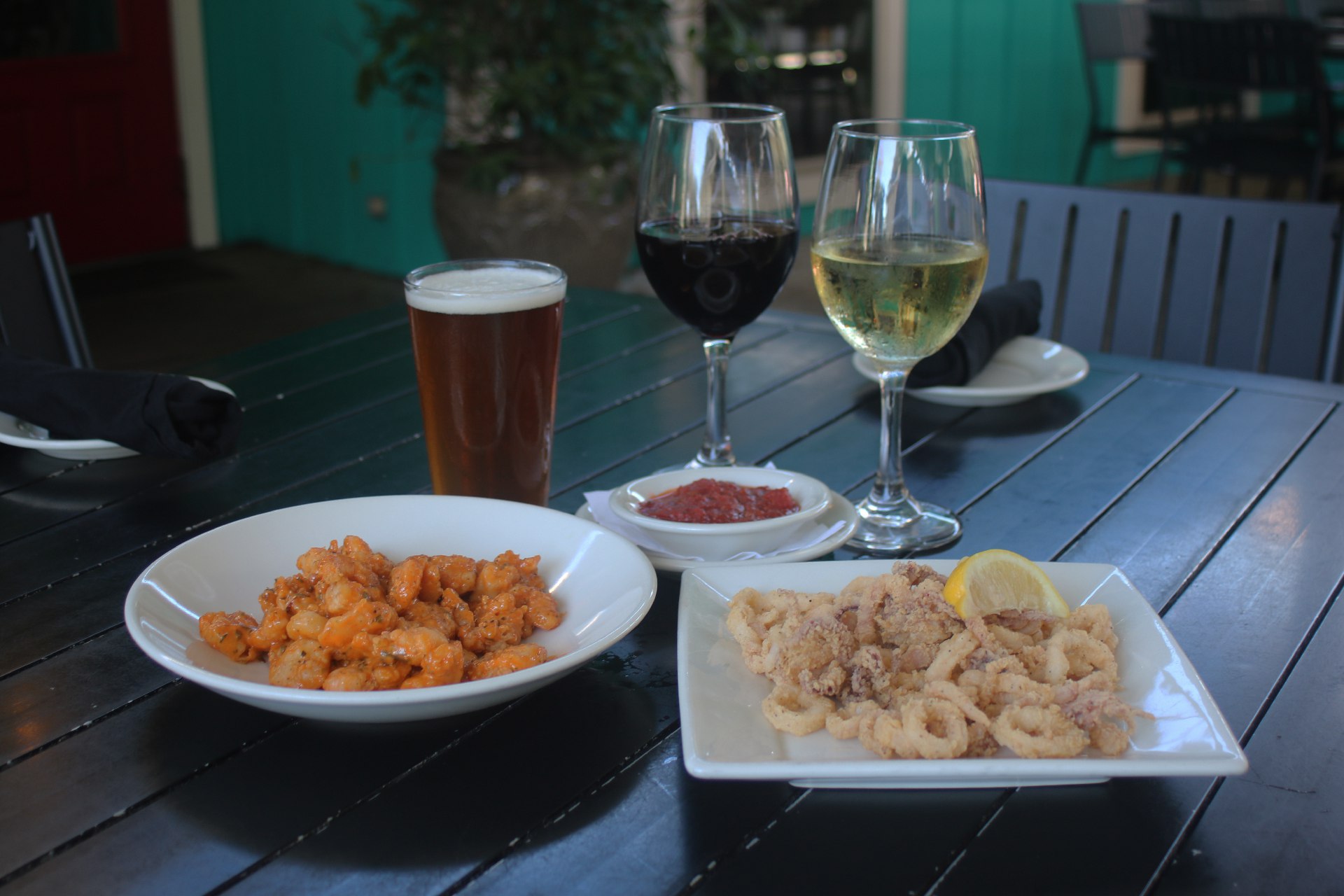 shrimp and calamari appetizers and house wine