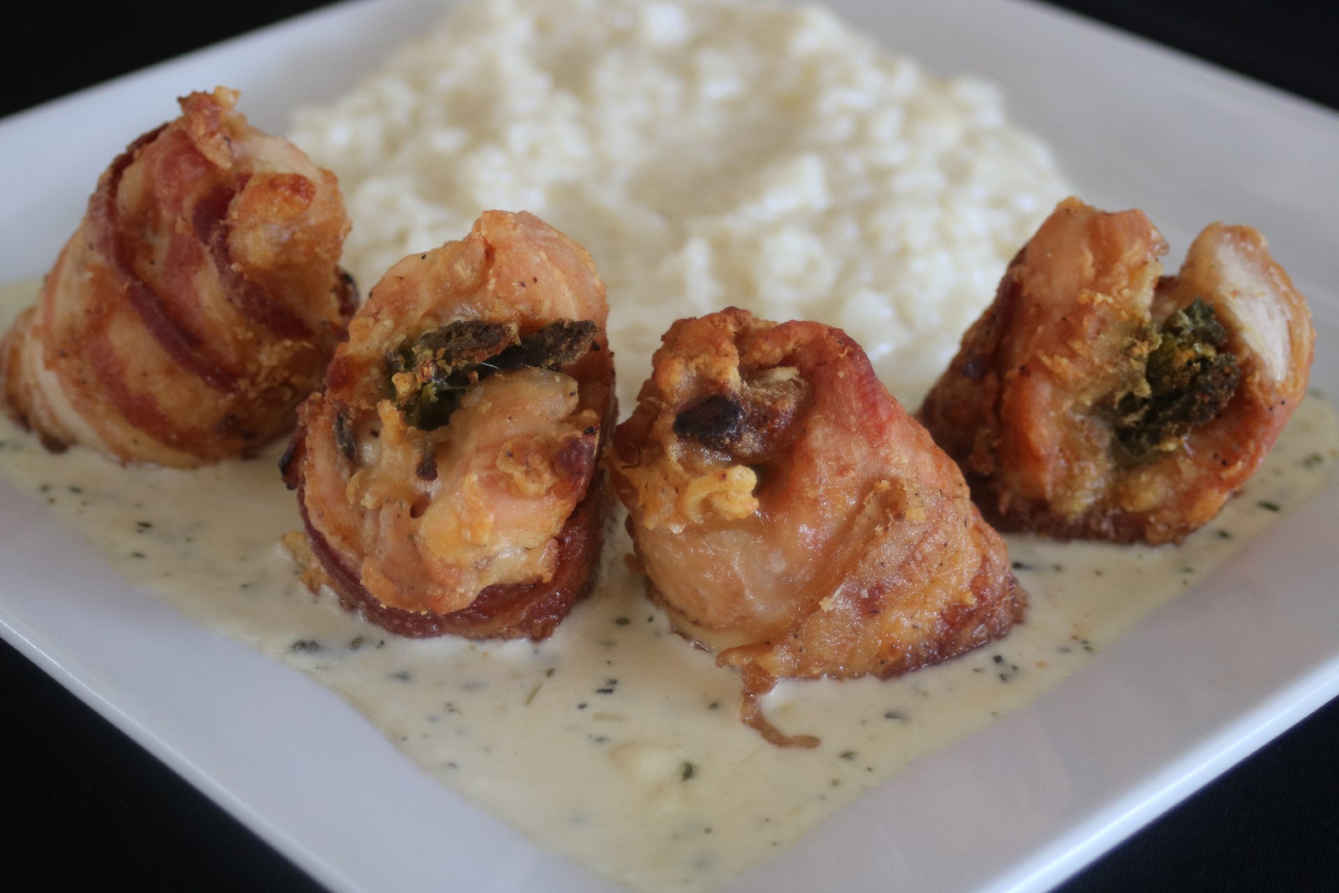 bacon wrapped chicken breast and Parmesan risotto